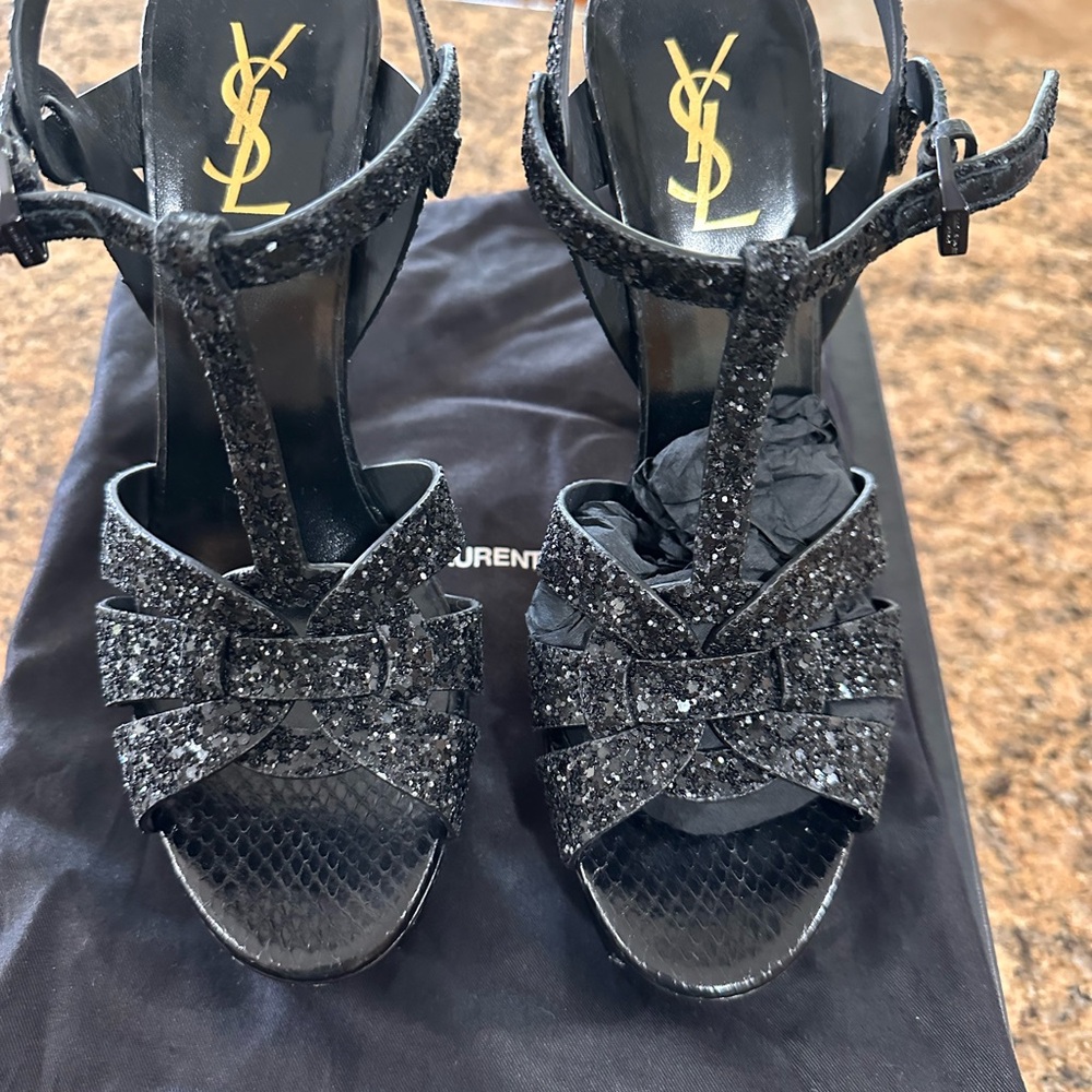 Saint Laurent Tribute Women's Black Glitter Python Sandals - Picture 3 of 7